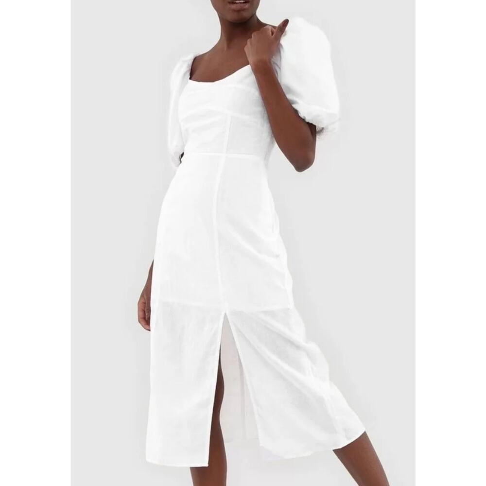 Banana Republic Linen Blend Dress White Size 12 Tall Puff Sleeve Midi